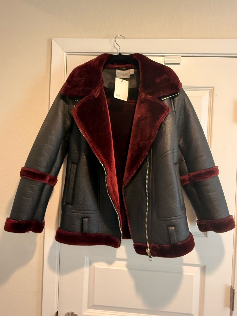ASOS Black Faux Leather Aviator Jacket with Burgundy Trim